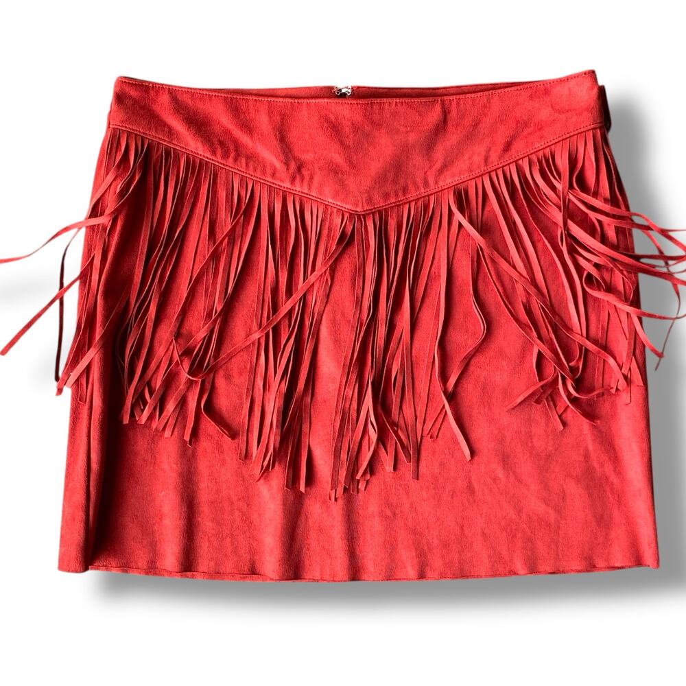 Forever 21 Fringe Mini Skirt Sz M Oxblood Red Faux Suede Form Fitting Western